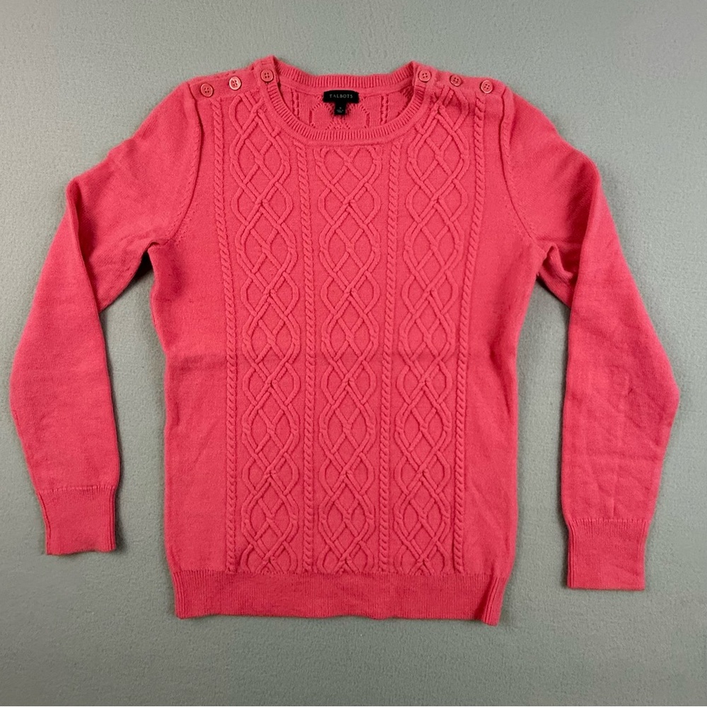 Talbots Sweater Women’s Small Lamb’s Wool Blend Coral‎ Cable Knit Button Accent
